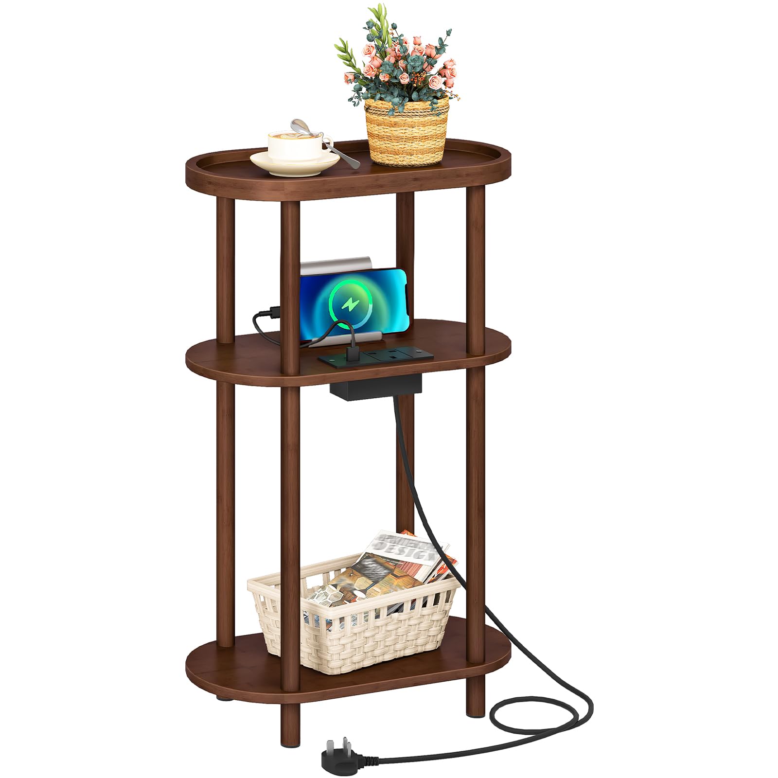 HOOBRO Narrow Side Table with Charging Station, 3 Tier Bamboo Slim End Table, 40 x 20 x 66 cm Narrow Bedside Table, Sofa Side Table, for Living Room
