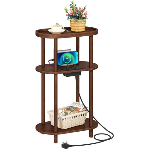HOOBRO Narrow Side Table with Charging Station, 3 Tier Bamboo Slim End Table, 40 x 20 x 66 cm Narrow Bedside Table, Sofa Side Table, for Living Room