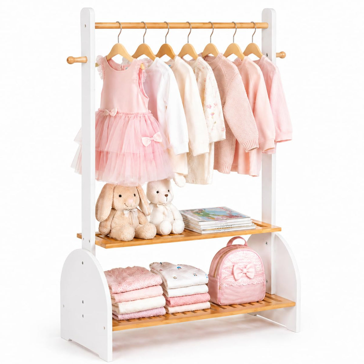 BAMBOOHOMIE Kids Clothing Rack with Adjustable Rods, Children Clothes Garment Rack for Kids Baby Pet, Kids Dress Up Rack with 2 bottom shelves