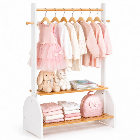 BAMBOOHOMIE Kids Clothing Rack with Adjustable Rods, Children Clothes Garment Rack for Kids Baby Pet, Kids Dress Up Rack with 2 bottom shelves