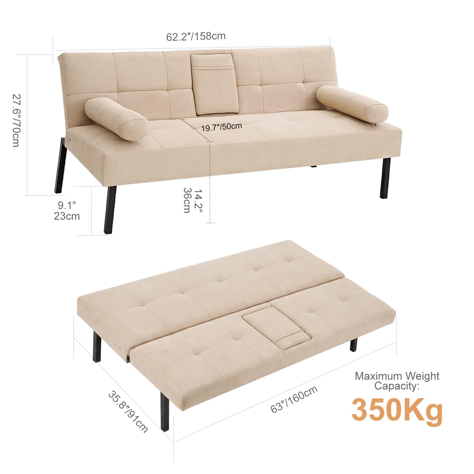 Panana Click Clack Sofa Bed Linen Fabric 3 Seater Sofa Couch Living Room/Spare Room/Guest Room Bed Settee With Cup Holders, Beige