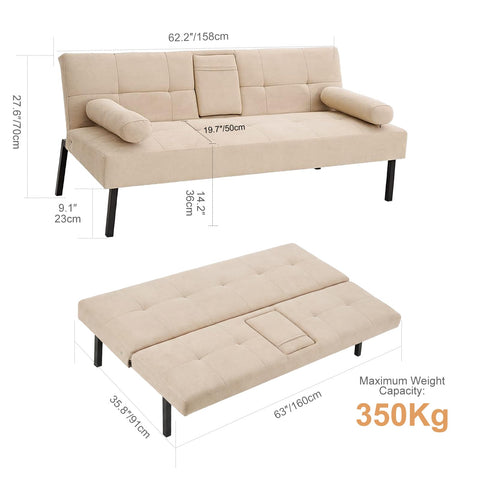 Panana Click Clack Sofa Bed Linen Fabric 3 Seater Sofa Couch Living Room/Spare Room/Guest Room Bed Settee With Cup Holders, Beige