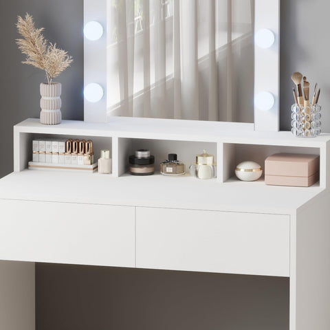 WestWood Modern LED Dressing Table with Hollywood Mirror, Makeup Vanity Desk with Drawers and Open Shelves