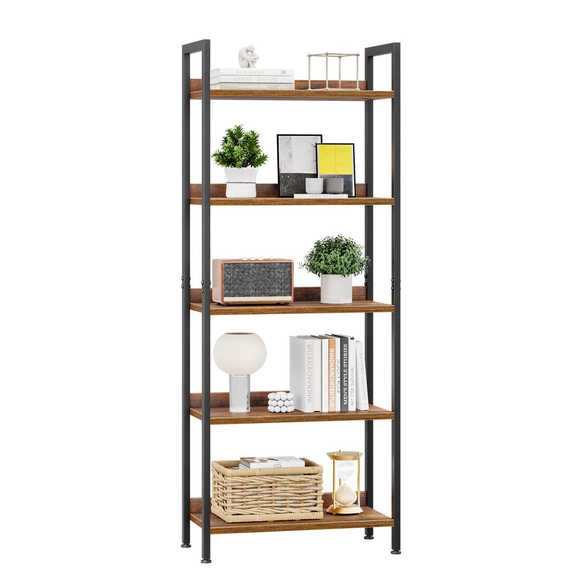 APPOLYN 5 Tier Bookshelf, Open-shelf Bookcase with Backboard, Rustic Brown