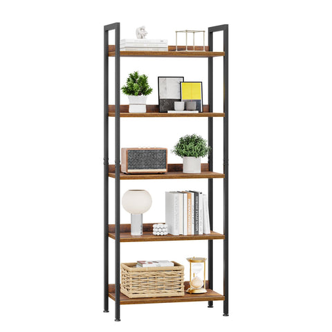 APPOLYN 5 Tier Bookshelf, Open-shelf Bookcase with Backboard, Rustic Brown