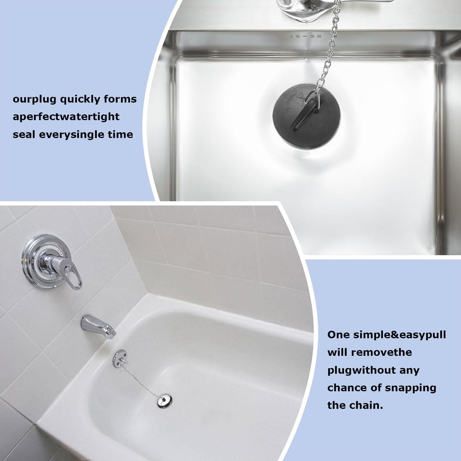 2 Pcs Universal bath plug with Stainless Steel Chain