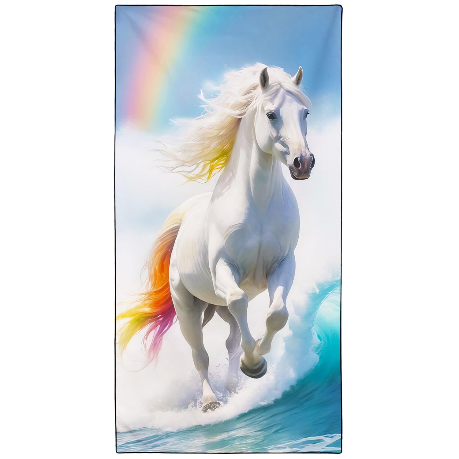 Violetpos Rainbow Mane White Horse Beach Towel, Extra Large 180x90 cm 250GSM Microfibre, Sand Free Quick Dry