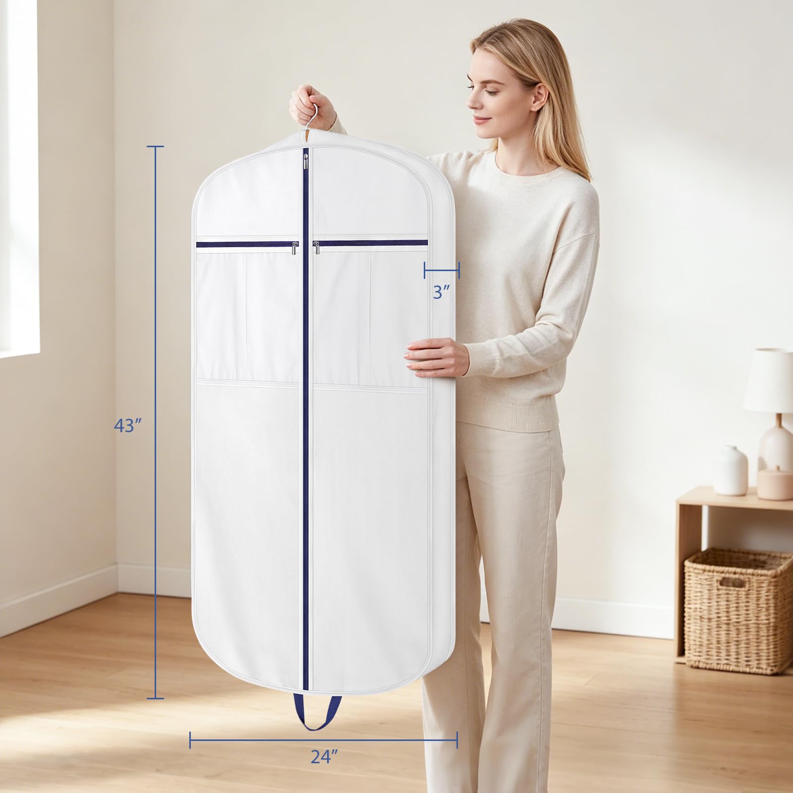 Univivi Premium Cotton Garment Bags for Travel, 43 in Suit Cover Bag,White