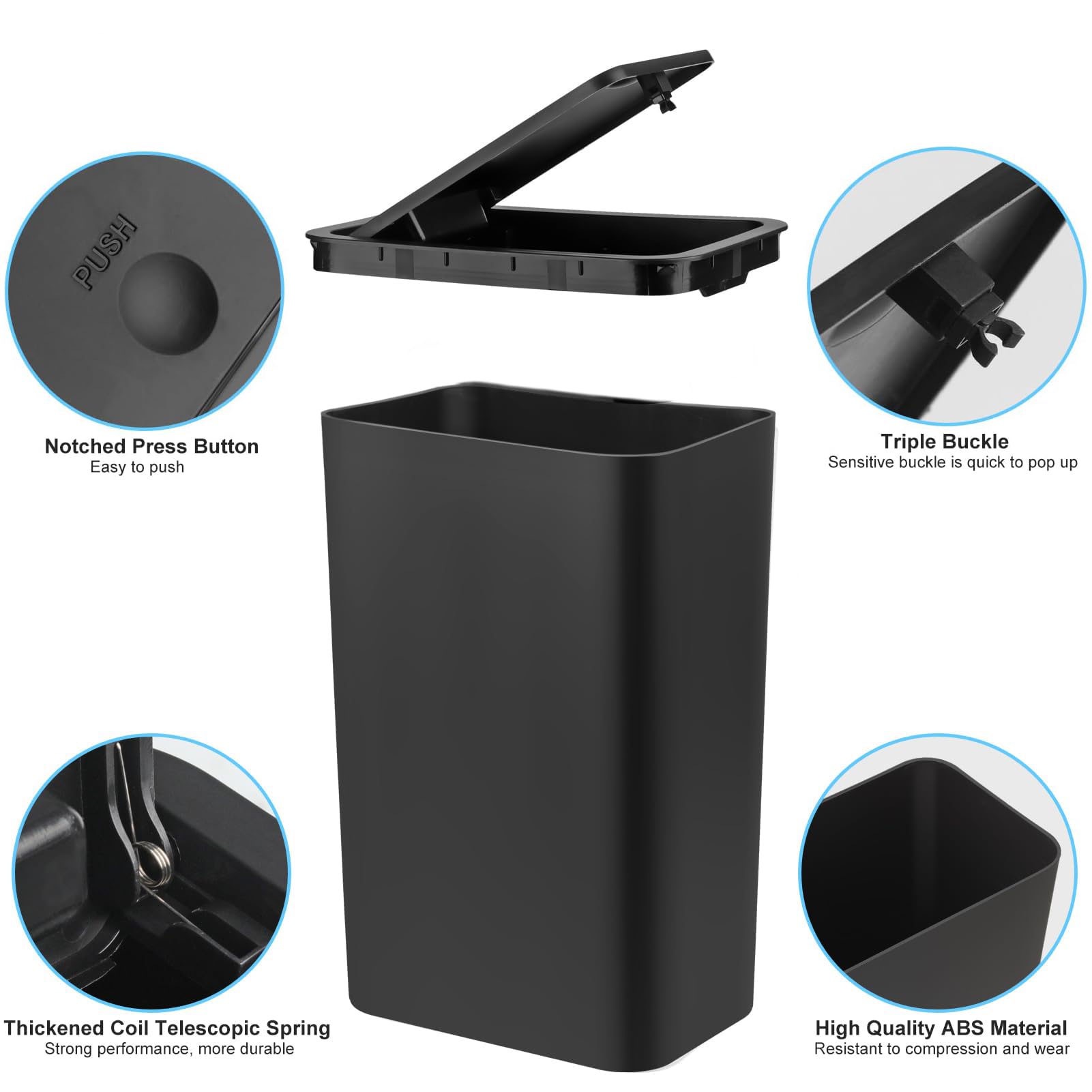 2Pack Bathroom Bin with Lid, Push Button Thin Toilet Bin, Plastic Dog Proof Slim Trash Can for Bedroom Office Living Room Kitchen, 10 Liter Capacity