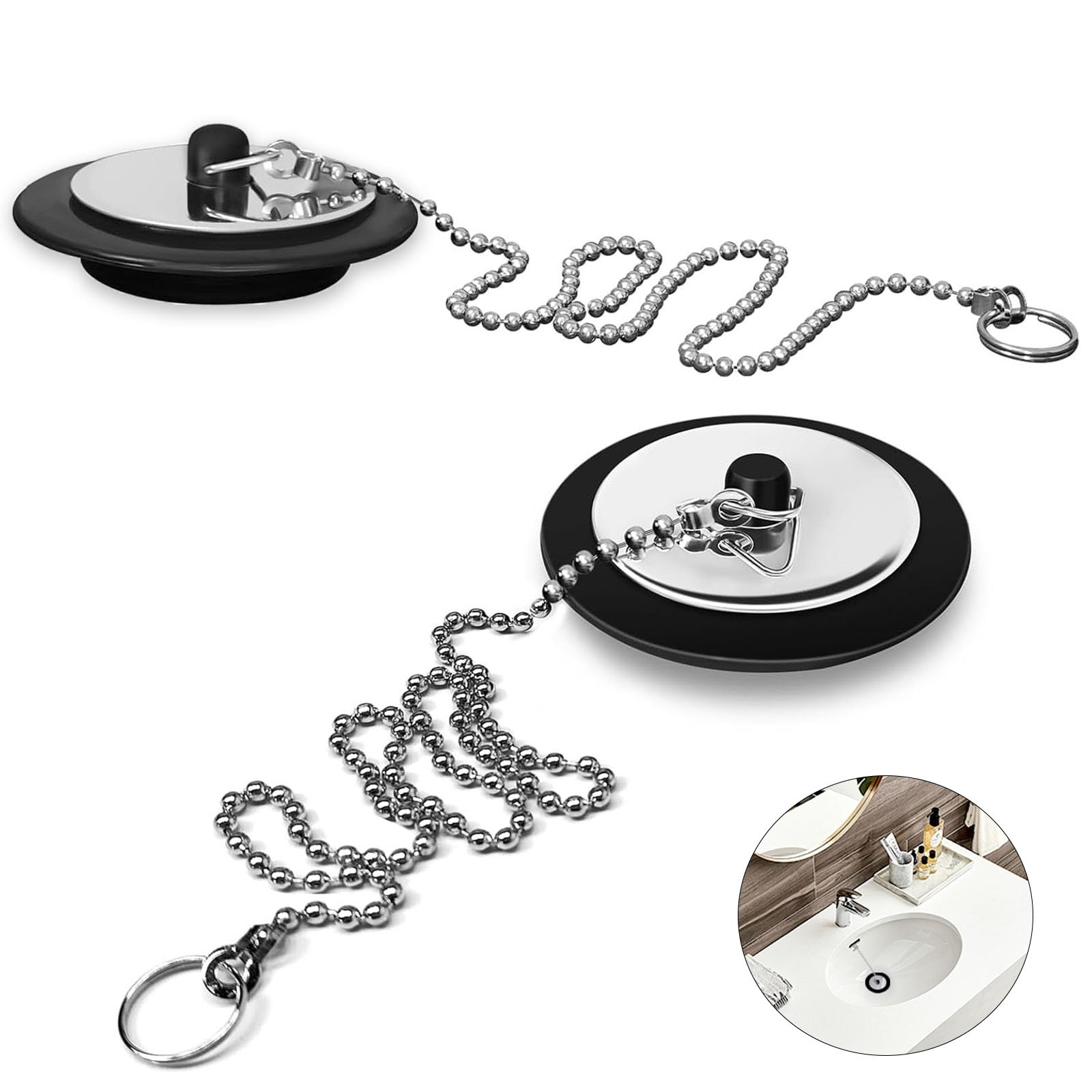 2 Pcs Universal Bath Plug, Kitchen Sink Plug with Stainless Steel Chain, Bath Plug Replacement, Bathroom Sink Plug Replacement
