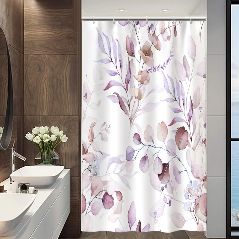 Uiiooazy Eucalyptus Shower Curtain, Pink Violet Leaves Floral Bath Curtain Mildew and Mould Resistant Waterproof Polyester Fabric Washable Opaque