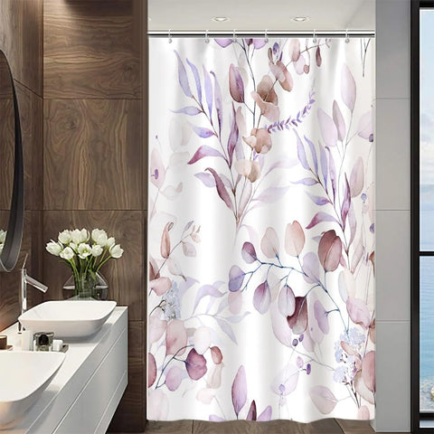 Uiiooazy Eucalyptus Shower Curtain, Pink Violet Leaves Floral Bath Curtain Mildew and Mould Resistant Waterproof Polyester Fabric Washable Opaque