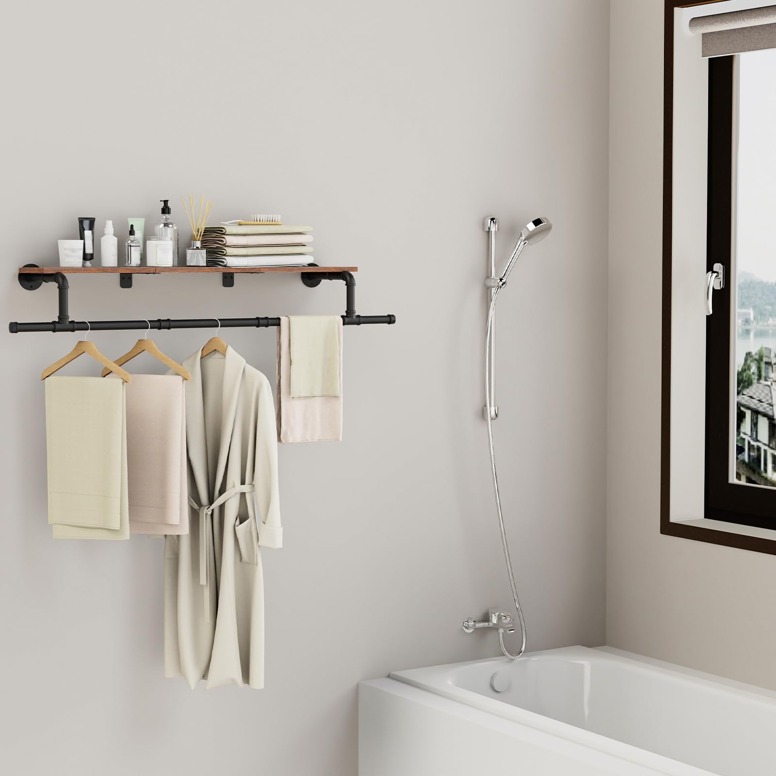 YheenLf Wall Mounted Clothes Rail, Industrial Clothing Rack, 130x26x15cm