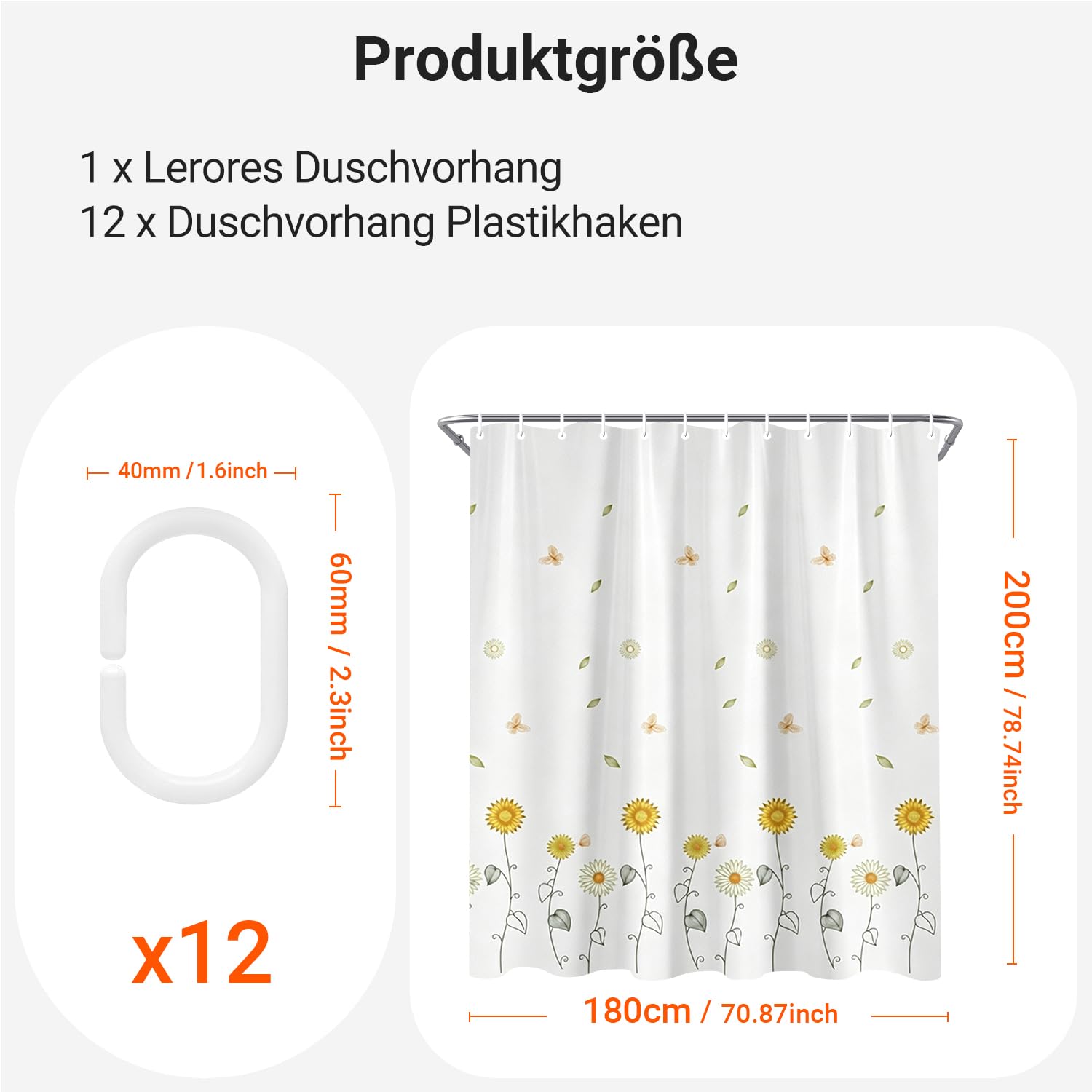 Lerores Shower Curtain, 180 x 200 cm, Dancing Sunflowers, Weighted Hem, Anti-Mould, Water-Repellent