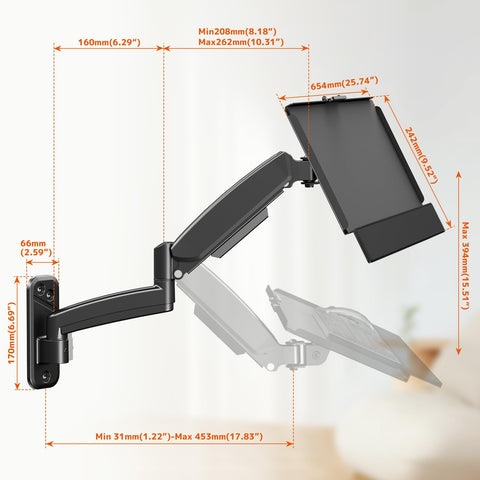PUTORSEN Wall Mounted Keyboard Tray, Pneumatic Spring, Height Adjustable