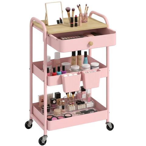 danpinera 3 Tier Rolling Cart, Metal Utility Cart with Wooden Table Top & Drawer, Rolling Carts, Storage Cart with Hanging Cups for Kitchen, Bathroom