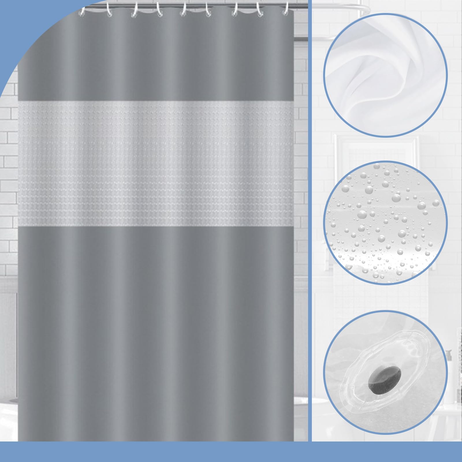 PEVA Shower Curtain 180x180cm,Heavy Duty Plastic Grey Spliced Weighted Shower Curtains Mould Proof Resistant Waterproof Bath Curtain with 3 Magnets