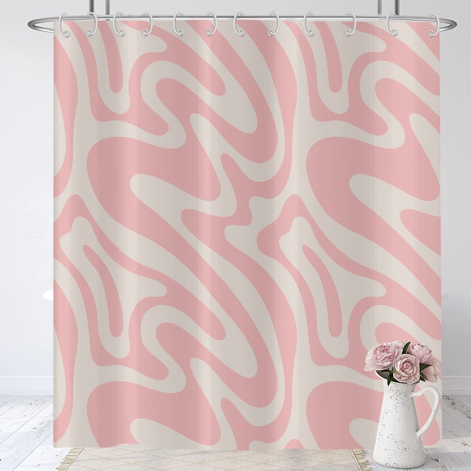 Hnmdmyi Pink Shower Curtain 180x200, Abstract Retro 70s Shower Curtains Modern Aesthetic Wavy Swirl Minimalist Girls Bathroom Curtains Waterproof