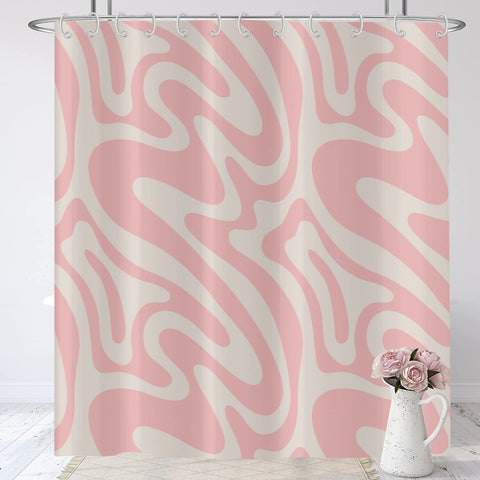 Hnmdmyi Pink Shower Curtain 180x200, Abstract Retro 70s Shower Curtains Modern Aesthetic Wavy Swirl Minimalist Girls Bathroom Curtains Waterproof
