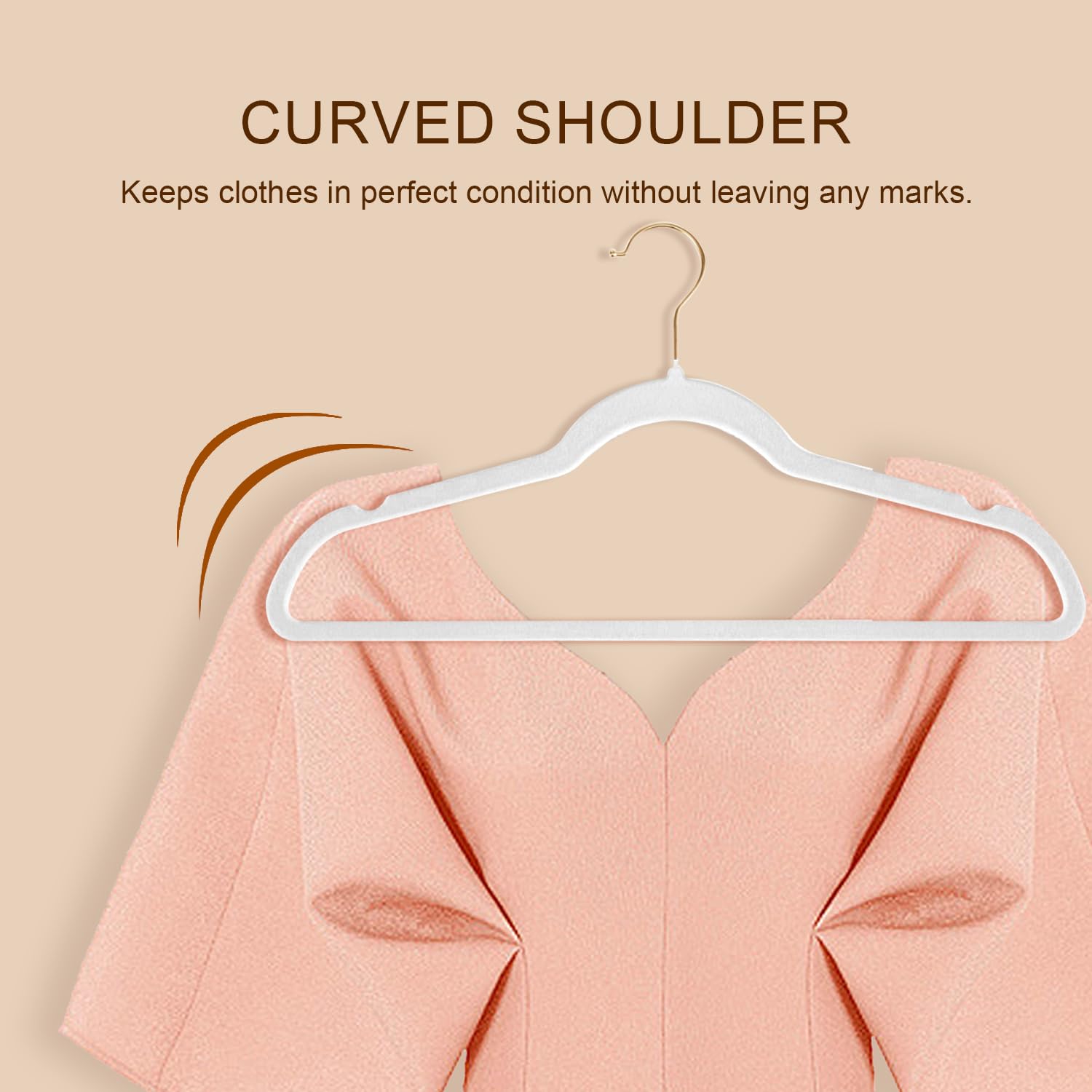 Wellong 22 Packs Velvet Clothes Hangers, 45cm Non-Slip Skirt and Dresses Hangers With Shoulder Notches, Space Saving for Adults - White With Gold Hook