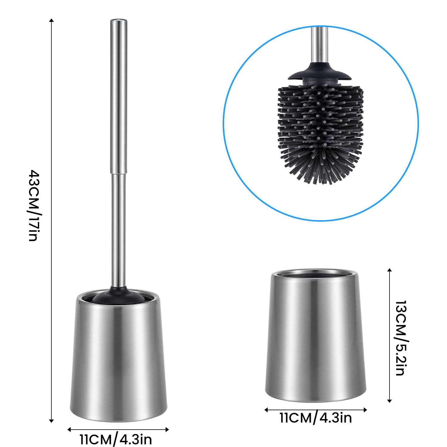Smartbin Stainless Steel Toilet Brush and Holder Toilet Brush Bowl Cleaning Brush Double Layer Holder Long Brush Handle High Density Silicone Head
