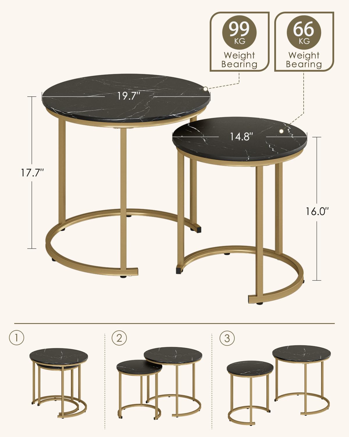 HEYZOEY Round Coffee Tables, Removable Set of 2 End Table, Nesting Table, Side Table with Gold Metal Frame Legs and Marble Black Top for Living Room