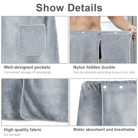 Aomig Men's Coral Fleece Bath Skirt - Adjustable Thickened Towel - Super Absorbent Spa Sauna Beach Wrap (80x150cm)