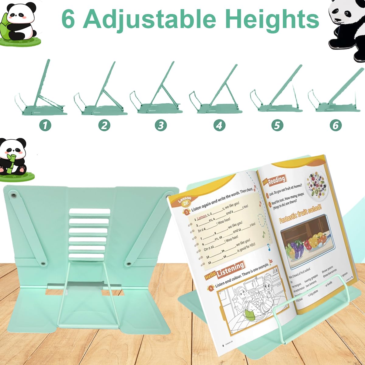 Garegce Book Stand Folding with Page Paper Clips, Cute Animal Panda Book Holder, Cookbook Stands 6-Position Adjustable Height for Reading