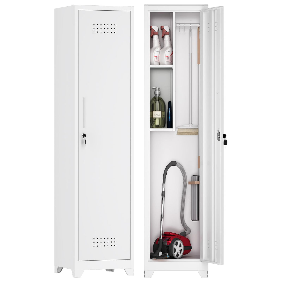 GREATMEET Broom Closet Storage Cabinet, Metal Utility Cabinet, Tall Laundry Room Cabinet, Slim Storage Cabinets for Laundry, Living Room, Office