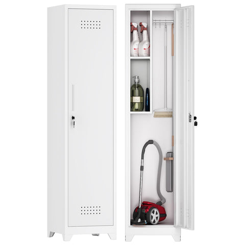 GREATMEET Broom Closet Storage Cabinet, Metal Utility Cabinet, Tall Laundry Room Cabinet, Slim Storage Cabinets for Laundry, Living Room, Office