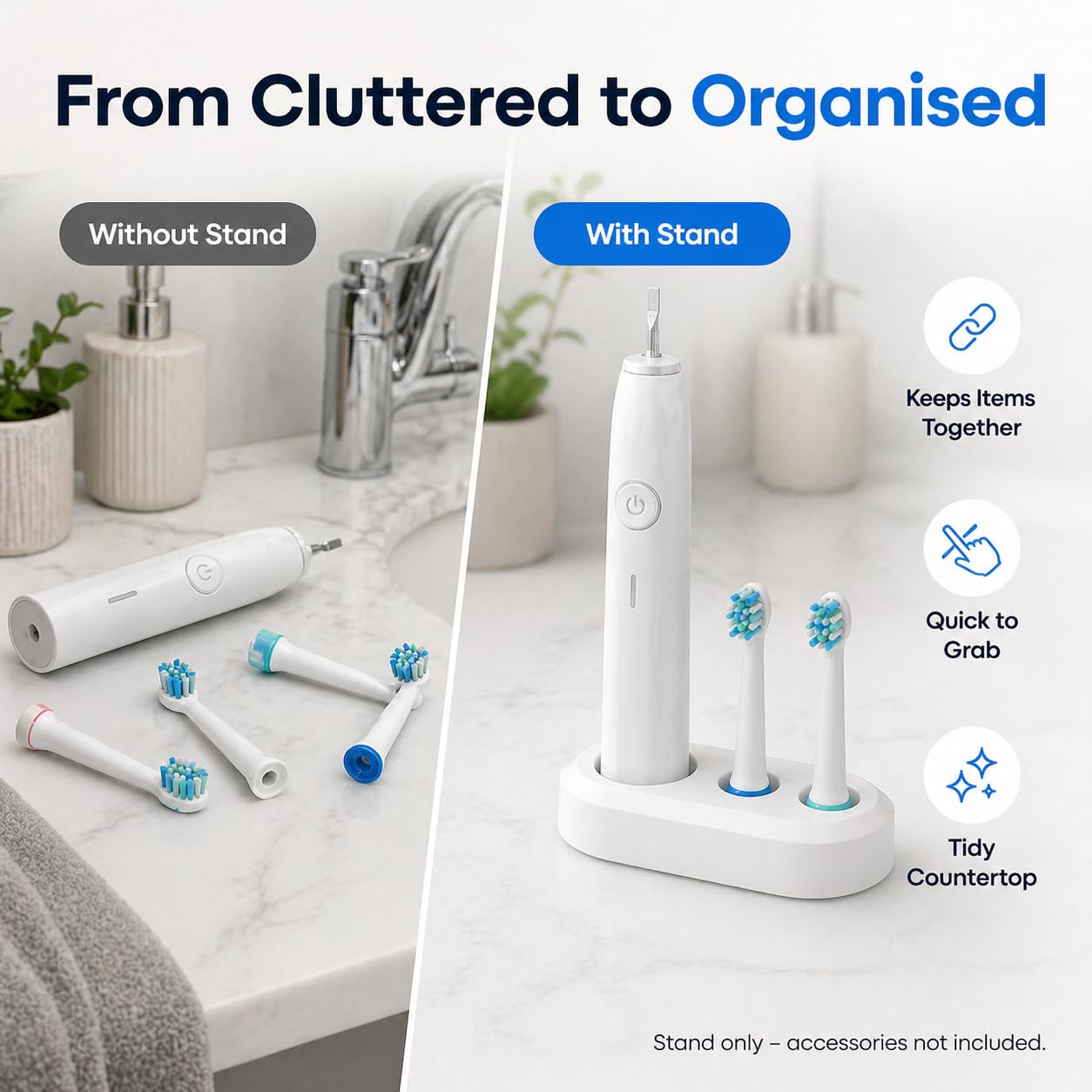 Electric Toothbrush Head Holder – Toothbrush Stand for Oral B Electric Toothbrush Heads – Bathroom Storage Organiser – White Tooth Brush Holder Set