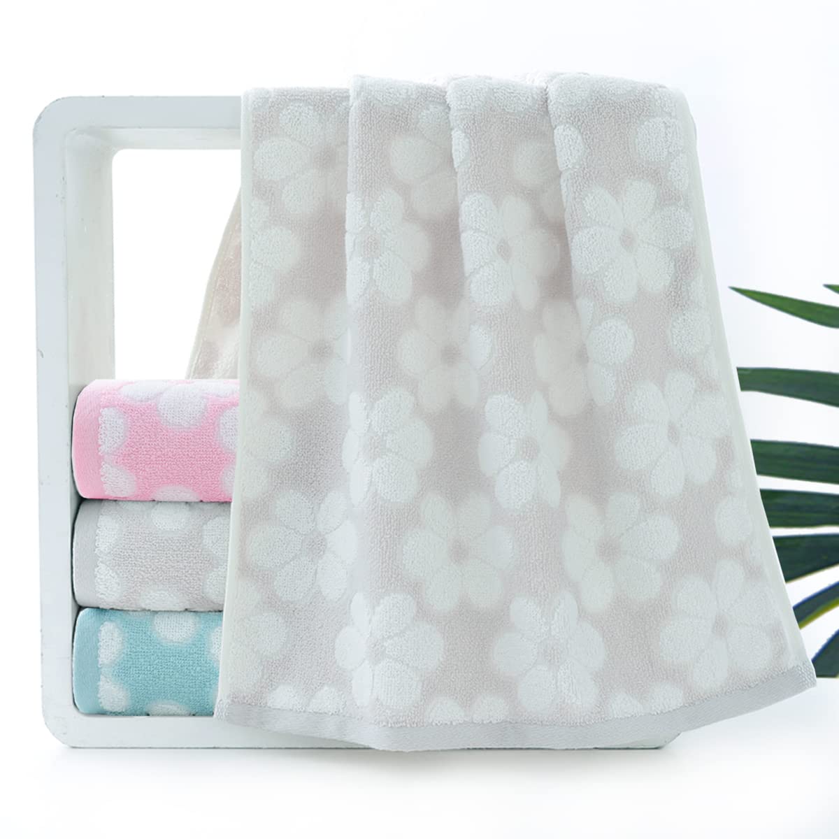 Pidada Hand Towels Set of 4 Floral Pattern 100% Cotton Soft Absorbent Decorative Towel for Bathroom (Light Grey)