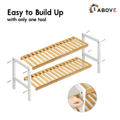 1ABOVE Bamboo Shoe Rack, Plant Rack, Perfect for Corridor, Living Room, Bathroom, Bedroom, Hallway or Small spaces-Parent. (White & Natural, 2 Tier)