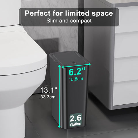 2Pack Bathroom Bin with Lid, Push Button Thin Toilet Bin, Plastic Dog Proof Slim Trash Can for Bedroom Office Living Room Kitchen, 10 Liter Capacity