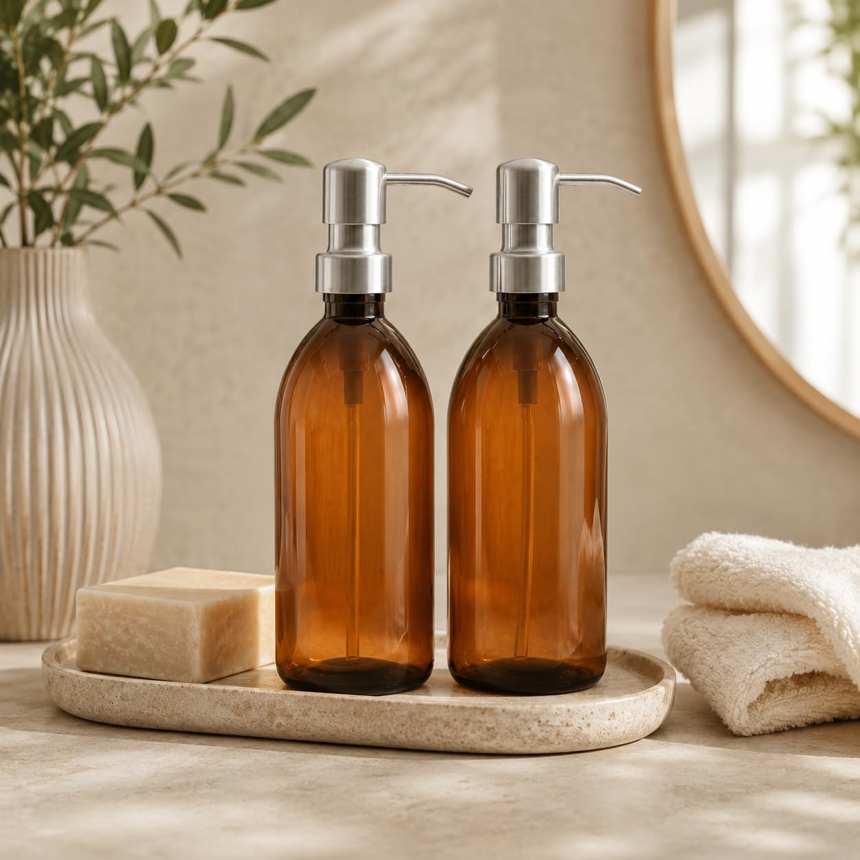 AVALON Brown Amber Plastic Bottles - Brushed Steel Metal Pump 500ml - Pack of 2 - Refillable Plastic Soap Dispenser Bottle for Bathroom/Kitchen