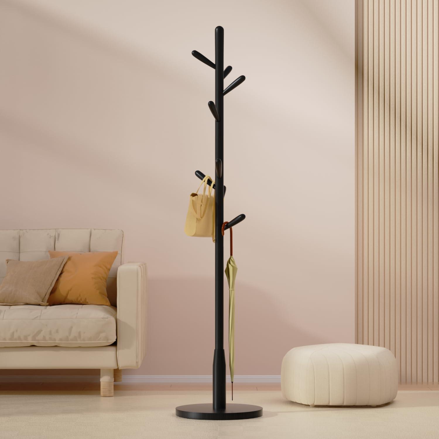 Awatiwa Solid Wood Round Base Coat Rack, Free Standing Hall Coat Tree with 8 Hooks（+2 spare for Coats, Hats, Bags, Purses, for Entryway, Hallway