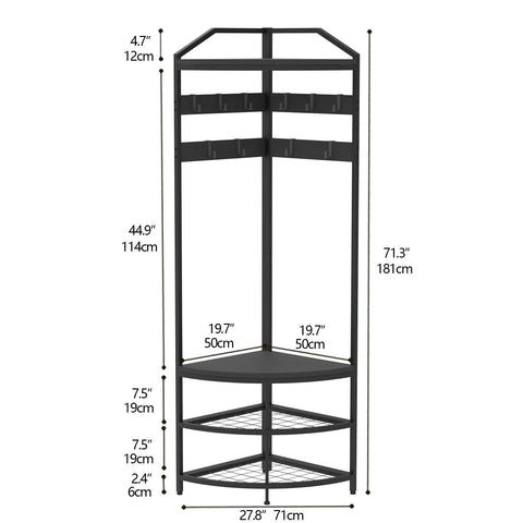 VEDECASA Coat Rack Stand with Shoe Storage Bench Free Standing Corner Hall Tree 4-Tier Corner Clothes Rack with 10 Metal Movable Hooks and Wooden