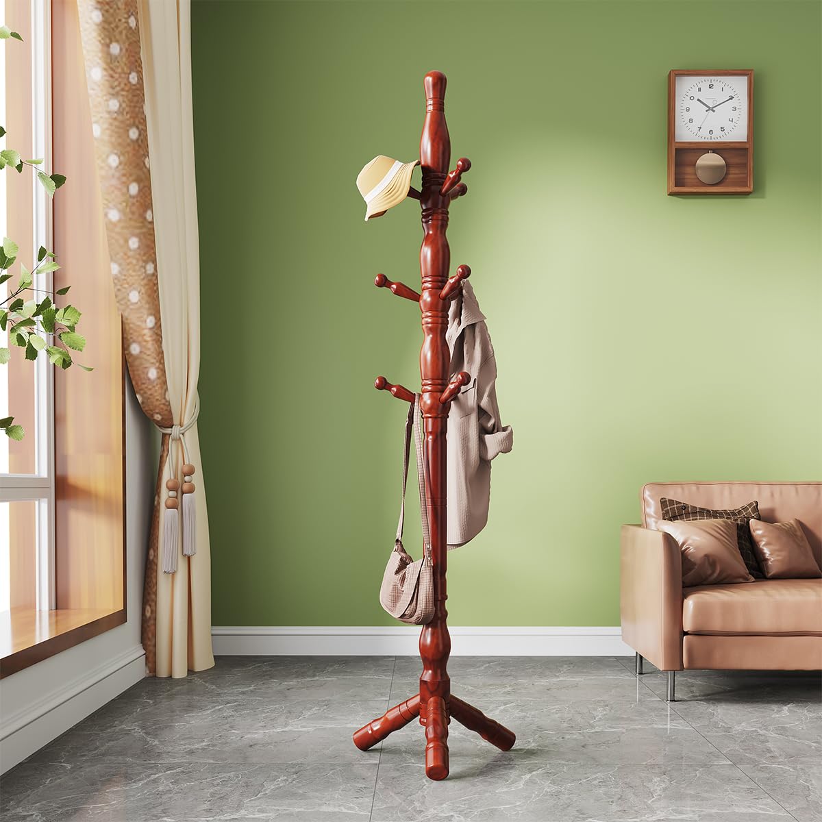 Multibao Sturdy Wooden Coat Rack Stand Vintage Posh Solid Wood 185cm with 9 Hooks Heavy Duty Free standing Hall Coat Hat Clothes Tree Stands for