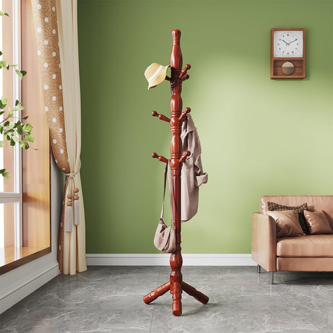 Multibao Sturdy Wooden Coat Rack Stand Vintage Posh Solid Wood 185cm with 9 Hooks Heavy Duty Free standing Hall Coat Hat Clothes Tree Stands for