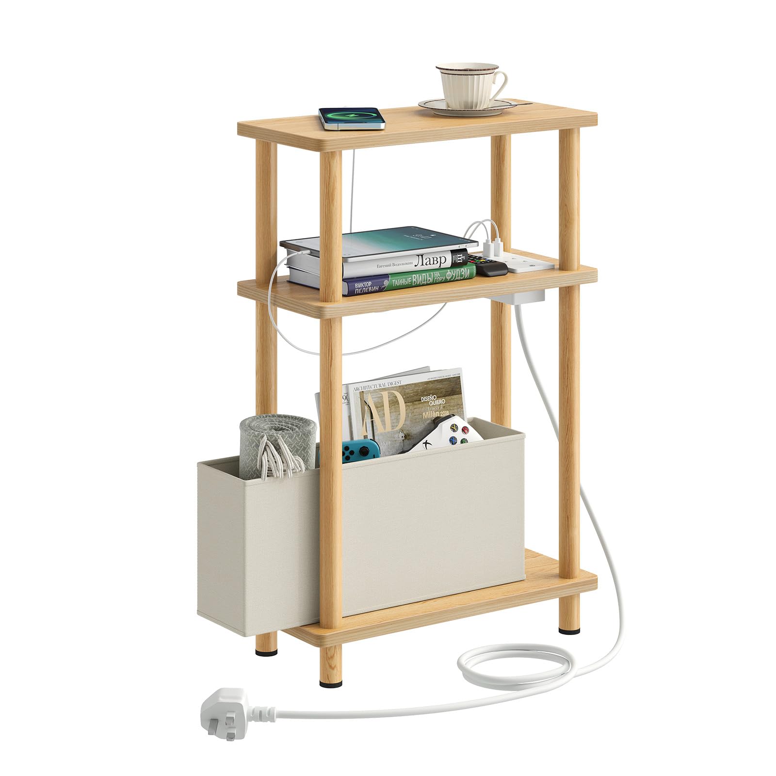 APICIZON Narrow Side Table, 3 Tier Bed Side Table, Slim End Table with Charging Station, for Living Room, Bedroom