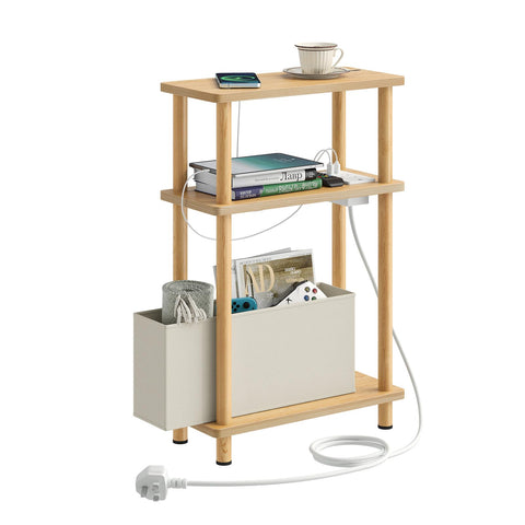 APICIZON Narrow Side Table, 3 Tier Bed Side Table, Slim End Table with Charging Station, for Living Room, Bedroom
