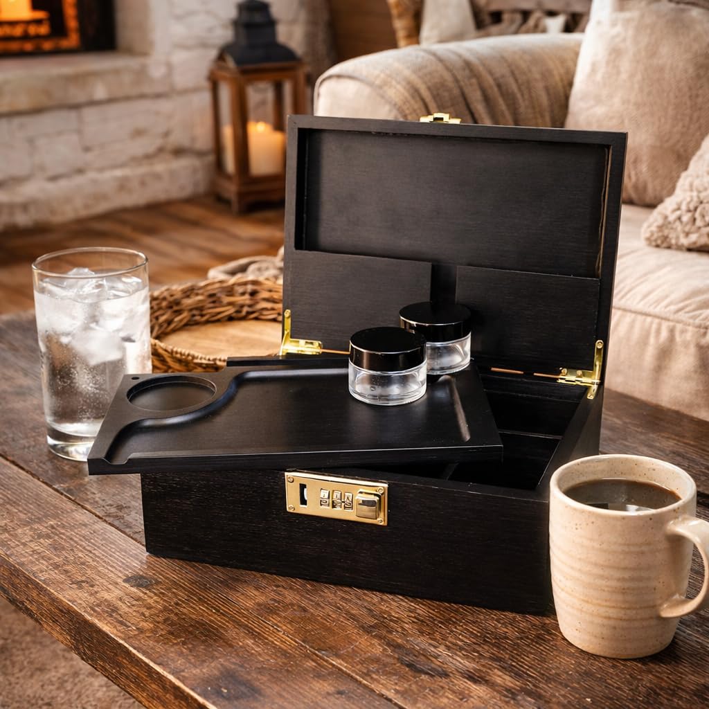 UkGlass Large Bamboo Wooden Stash Box with combination Lock, Rolling Tray and Glass Storage Jars