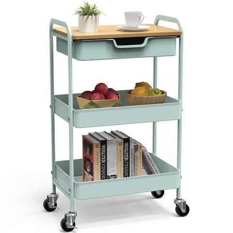 Shrivee 3-Tier Storage Trolley on Wheels and Drawer, All-Purpose Metal Uses Trolley for Office Salon Kitchen Bathroom Office(Green)