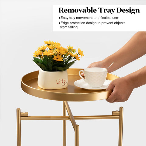 danpinera 2-Tier Gold Side Table, Round End Table, Small Gold Table with Removable Tray, Metal Folding Accent Living Room