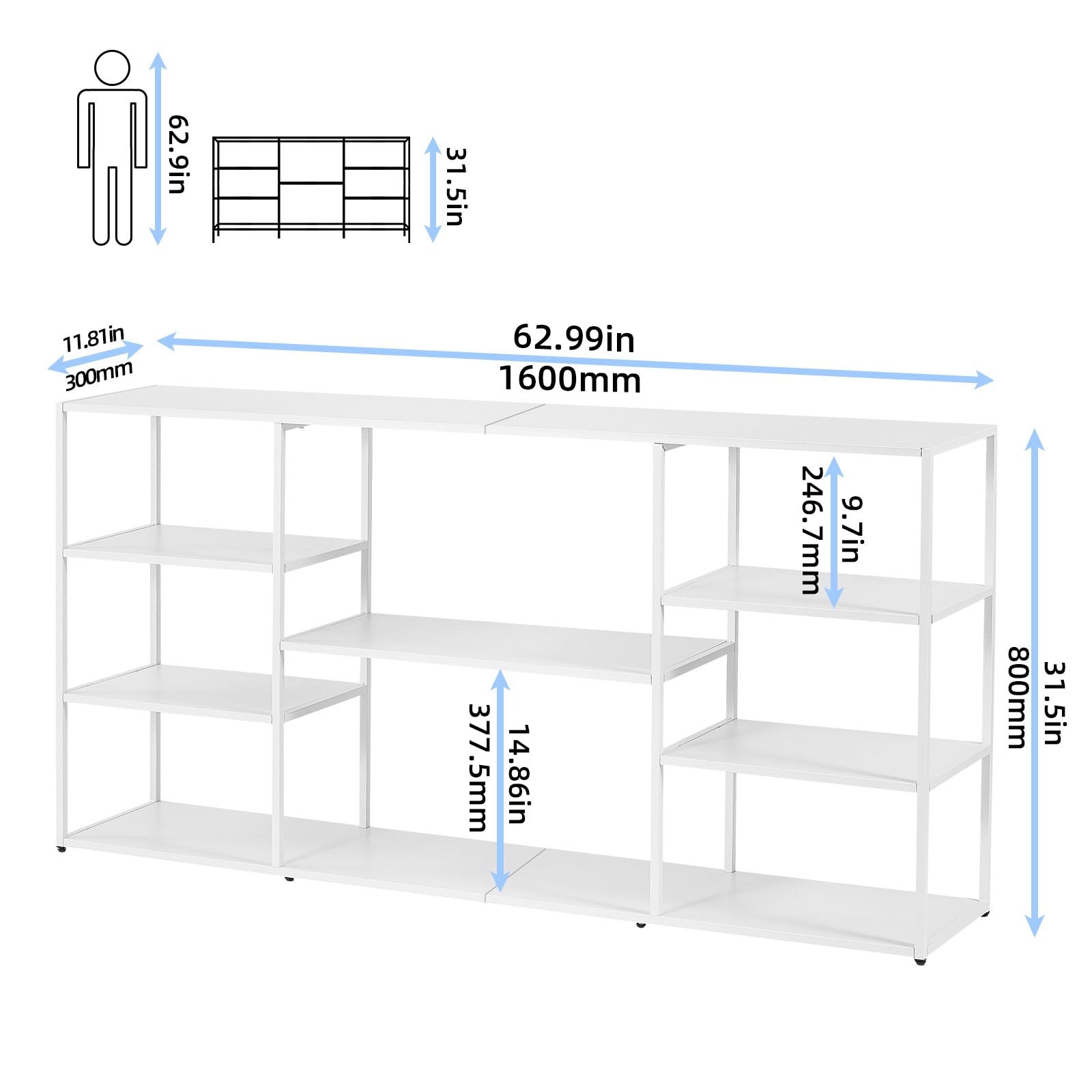 HDANI 160cm Extra Long Sofa Console Table,Narrow Modern Entryway Table Behind Couch with Storage Shelves,4 tier Shelf Bookshelf for Living