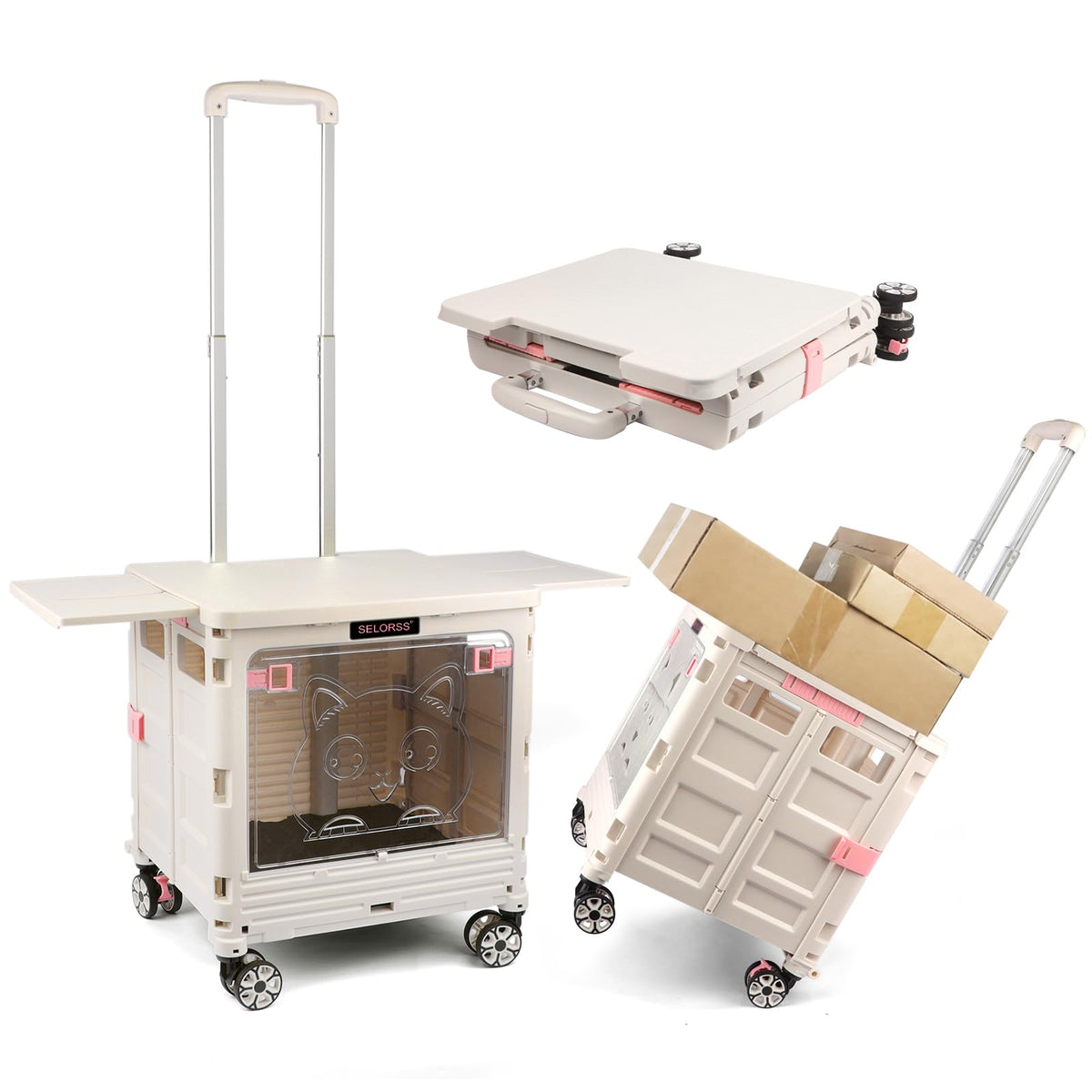 LexonElec x SELORSS BY16 Foldable Shopping Trolley on Wheels, Transparent Window Pet Stroller, Portable Wagons Carts