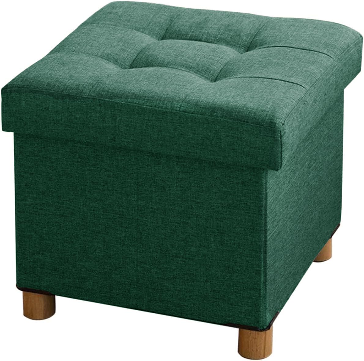 BRIAN & DANY Folding Ottoman Storage Box with Wood Legs, Linen Foot Stool, Footstool with Storage, Highly Elastic Sponge Filling, Dark Green