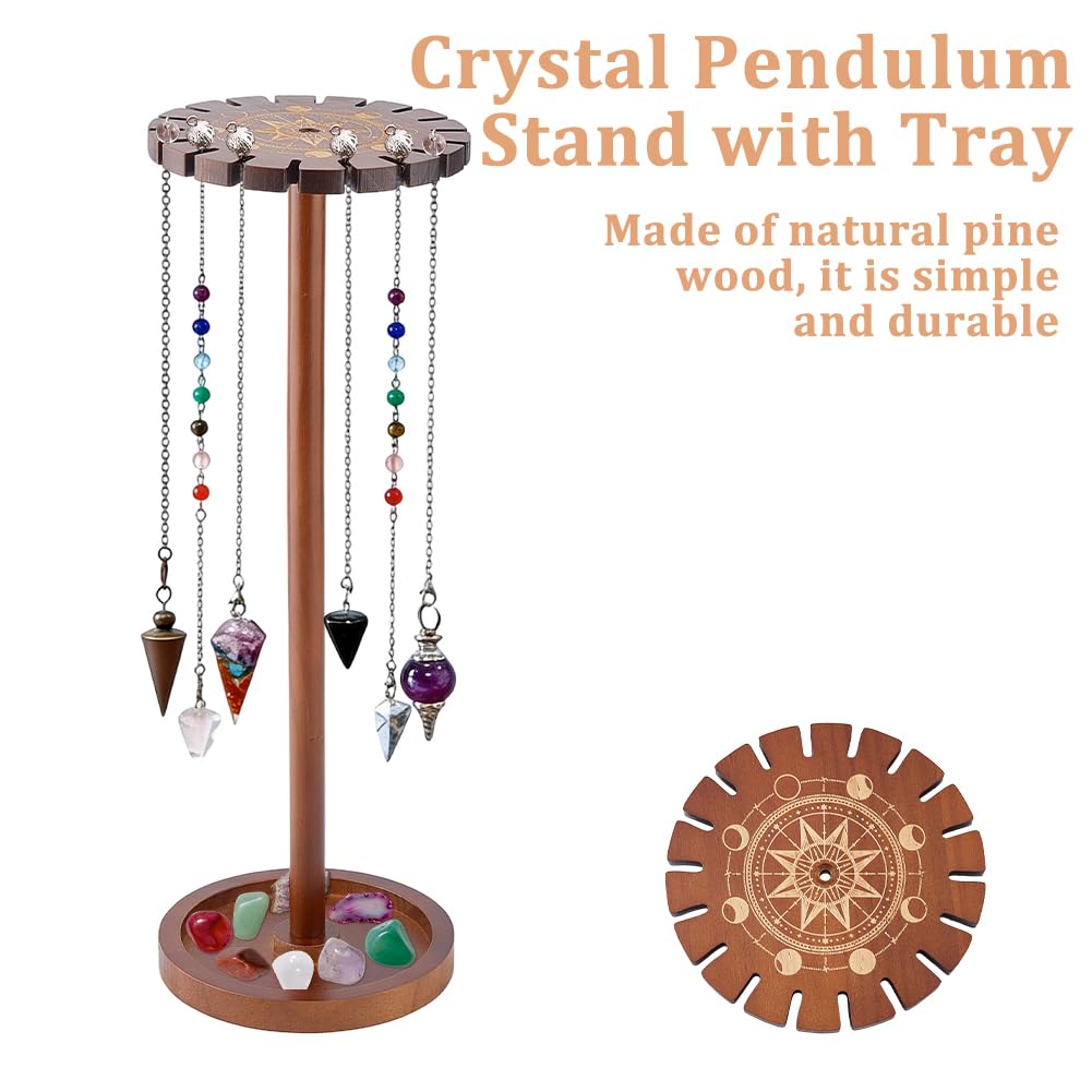 DICOSMETIC Pendulum Crystal Display Holder Moon Phase Wooden Pendulum Holder 4.92 Inch Pendulums Display Rack with 18 Slots Round Base Tall for