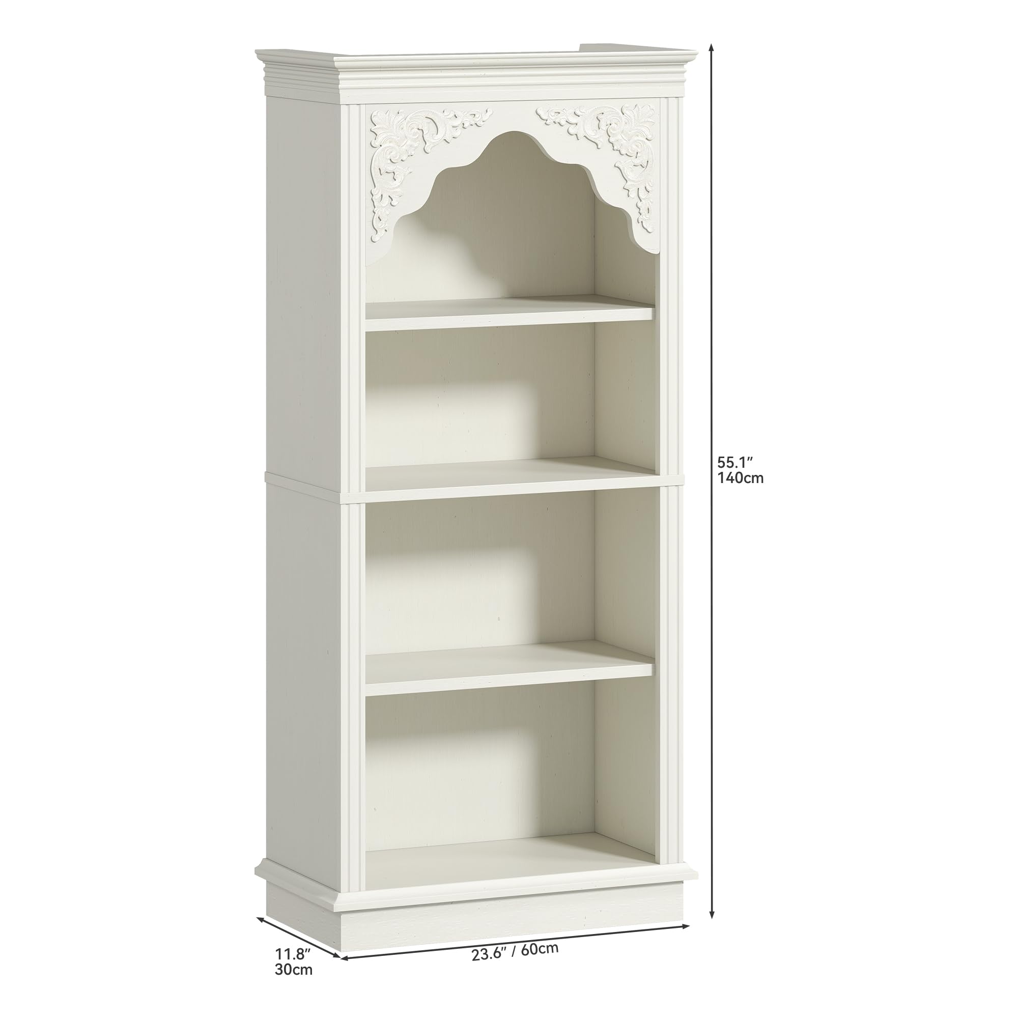 YITAHOME 4-Tier Vintage Bookcase with Carved Design Bookshelf Open Display Storage– Ideal for Living Room, Bedroom, Study & Office, White, 140cm