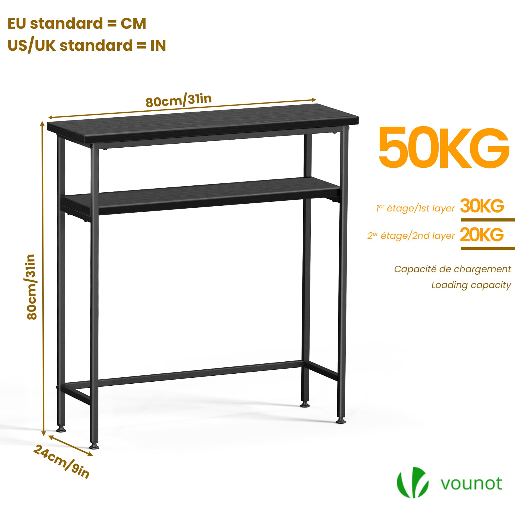 VOUNOT® Narrow Console Table, 2- Tier Slim Metal Frame Entryway Table, Small Sofa Side Table with Storage Shelf for Hallway, Living Room or Bedroom